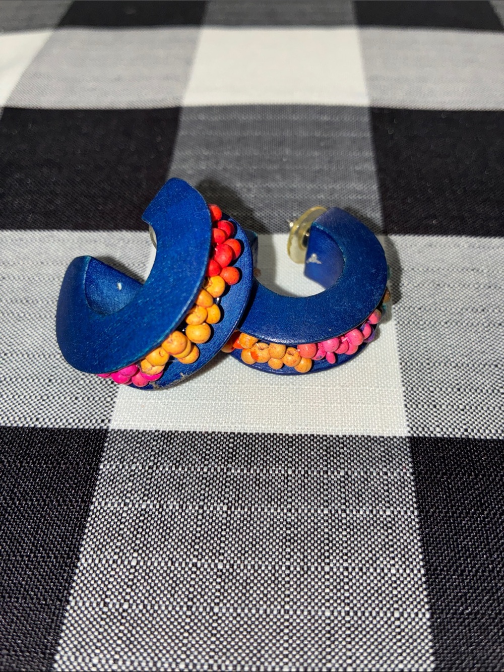Vintage Blue Beaded Hoop Wooden Earrings with Pink & Orange Accents